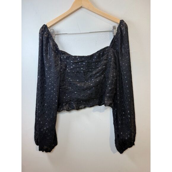 Lulus Black Sheer Swiss Dot Smocked Long Sleeve Top Women’s Size Medium Elegant - Picture 5 of 6